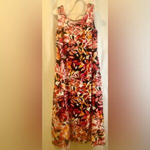 Jessica London A-Line dress in Pink, Orange & Black Leaf Print